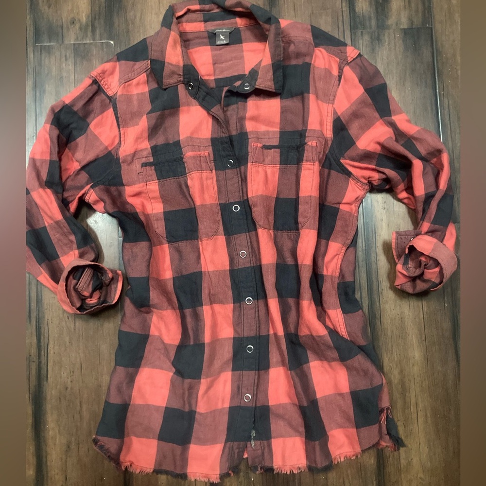 Eddie Bauer retail raw trim black and red faded Buffalo plaid flannel. Worn once